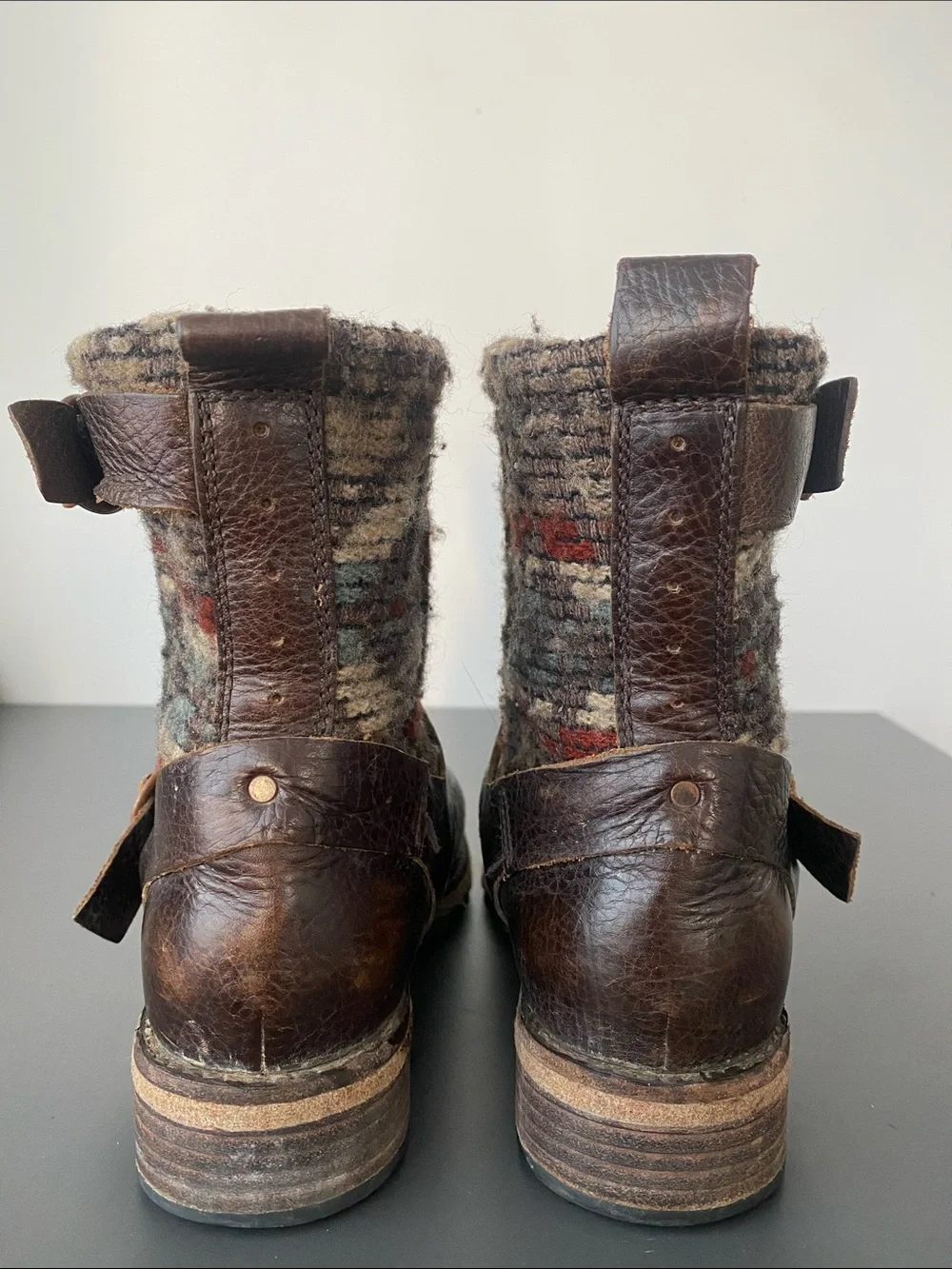 Woolrich Brown Leather & Multicolor Knit Ankle Boots Sz 8 Cottage Granola Girl